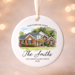 Décoration de Noël « Notre première maison », Maison aquarelle personnalisée, Cadeau de Noël personnalisé, Pendaison de crémaillère, Nouvelle maison image 2