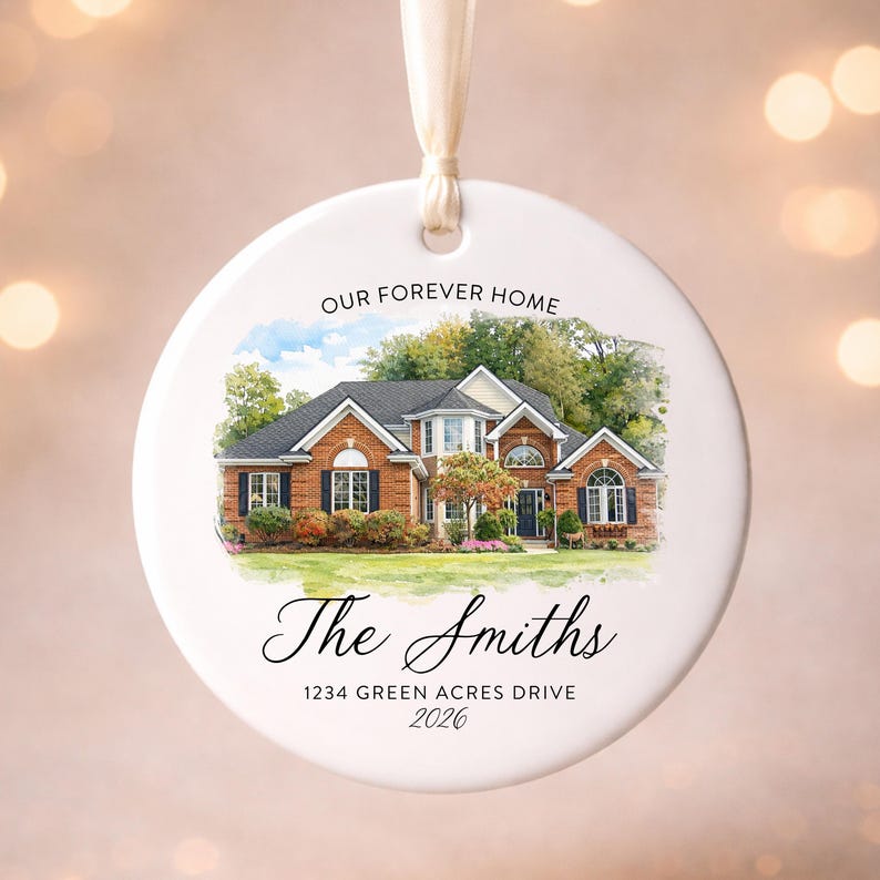 Décoration de Noël « Notre première maison », Maison aquarelle personnalisée, Cadeau de Noël personnalisé, Pendaison de crémaillère, Nouvelle maison image 2