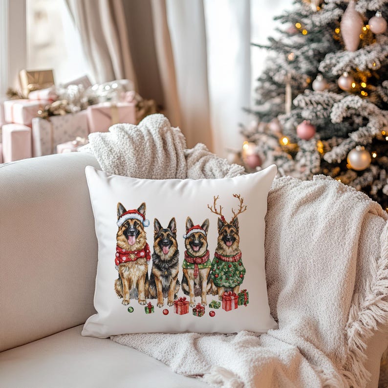 May include: A white throw pillow with a festive design featuring four German Shepherd dogs wearing Santa hats and reindeer antlers. The dogs are sitting in a row and holding presents. The pillow is perfect for adding a touch of holiday cheer to your home.