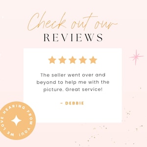 May include: A five-star review with the text "The seller went over and beyond to help me with the picture. Great service!" and the name "DEBBIE" below the review. The review is on a white background with a pink background behind it.