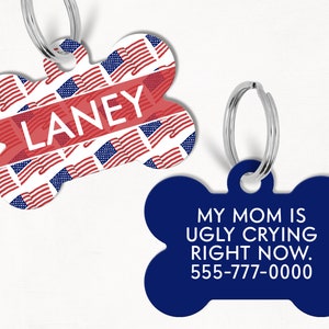 America Personalized Dog Tag, Custom Dog Tag, Double Sided Dog Tag, Floral Dog Tag, Flag Pet Tag, Patriotic Tag, Red White Blue, USA