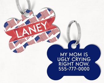 America Personalized Dog Tag, Custom Dog Tag, Double Sided Dog Tag, Floral Dog Tag, Flag Pet Tag, Patriotic Tag, Red White Blue, USA