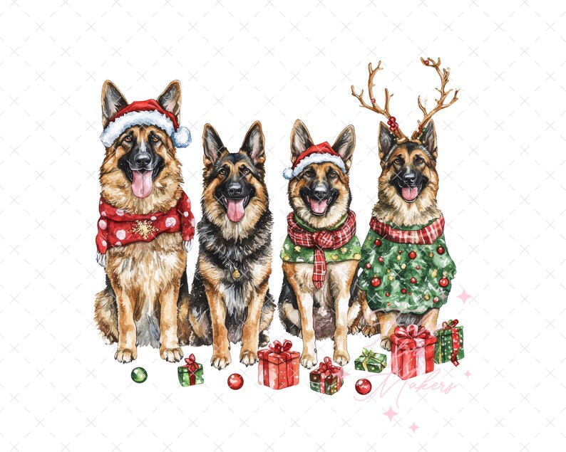 May include: Four German Shepherd dogs wearing Christmas attire. The dogs are wearing Santa hats, scarves, and sweaters. They are sitting in a row with presents in front of them.