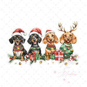 May include: Four dachshund dogs wearing Santa hats and Christmas sweaters with reindeer antlers. The dogs are sitting in front of presents and greenery. The text "Joy for Makers" is at the bottom of the image.