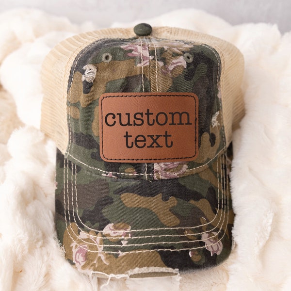 Your Custom Text Patch Hat, Leopard Print Hat, Pigment Dyed Hat, Gift for Bridal Party, Friend, Sister, Daughter, Leatherette Patch