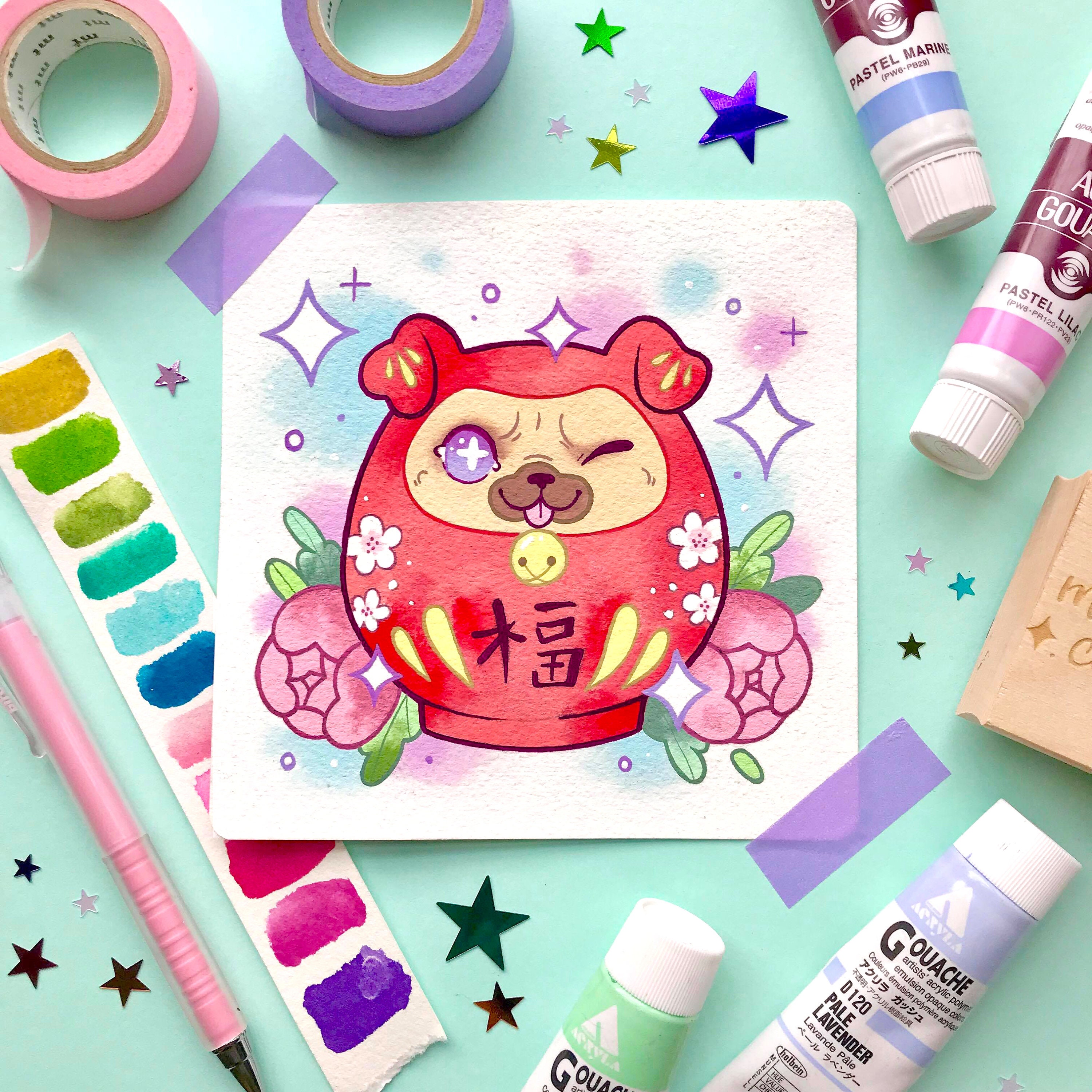 Japanese Lucky Daruma Pug Dog Watercolor Tattoo Flash PRINT by Etsy