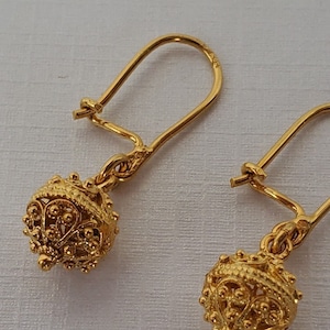 14k Gold Earrings, Traditional Croatian Filigree Ball Earrings, Ethnic Dubrovnik Jewelry, Simple Gold Earrings, Solid Gold Wedding Jewelry