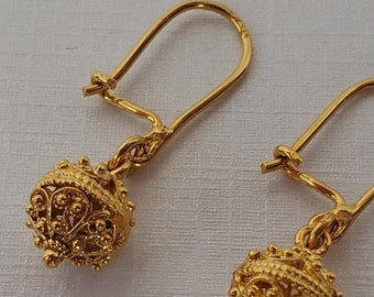 14k guldörhängen, traditionella kroatiska filigranbollörhängen, etniska Dubrovnik-smycken, enkla guldörhängen, bröllopssmycken i massivt guld