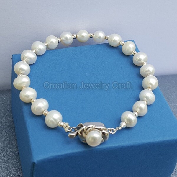 White Pearl Bracelet, Pearl Inlaid Decorative Clasp, Solid Sterling Silver Bracelet, White Freshwater Pearl Bracelet, Pearl Wedding Jewelry