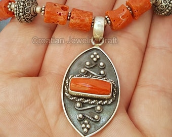 Chunky Coral Statement Necklace, Untreated Old Mediterranean Coral Pendant Necklace, Salmon Red Coral necklace Sterling Silver Ball Necklace