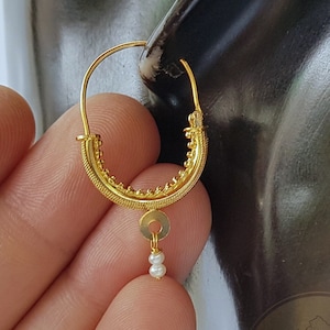 Konavle Filigree Hoop Earrings, Traditional Croatian Solid 14k Gold Hoops, Dubrovnik White Pearl Dangle Hoops, Unique Bridal Earrings