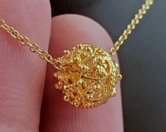 Dainty Sliding 14k Gold Pendant, Traditional Croatian Jewelry, Small Gold Pendant, Gold Filigree Slide Ball Pendant, Dainty Chain Necklace