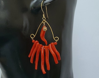 Mediterranean Red Coral Branch Earrings, Solid 14k Gold Statement Earrings, One of a kind Chandelier Earrings, Handcrafted Bridal Earring