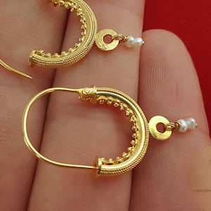 Traditional Croatian Solid Gold Hoop Earrings 14k, Dubrovnik - Konavle Wedding Jewelry, 14k Gold Filigree Hoops, White Pearl Dangle Hoops