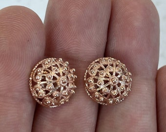 Traditional Croatian Rose Gold Earrings, Solid 14k Pink Gold Filigree Studs, Dubrovnik Filigree Half Ball 14k Gold Studs, Wedding Earrings