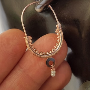 Dubrovnik Filigree Hoop Earrings, Solid Rose Gold Hoops, 14 k Gold Earrings, Ethnic Croatian Bridal Earrings, Pearl Dangle Hoops 14k