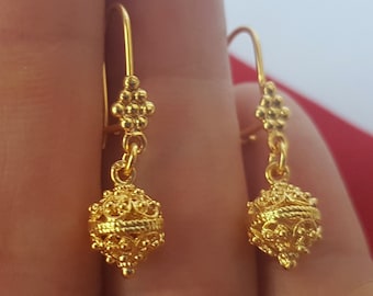 14k Gold Earrings, Traditional Croatian Filigree Hook Earrings, 14 k Gold Earrings, Dubrovnik Gold Ball Earrings, Ethnic Wedding Jewelry