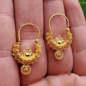 Traditional Croatian Solid Gold Hoop Earrings 14k, Dalmatian Wedding Jewelry - Recine, 14k Gold Filigree Hoops, 14k  Dangle Hoops