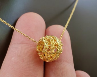 Traditional Croatian Filigree Ball Slider Pendant In 14k Gold, Dubrovnik Solid Gold Floating Pendant, Ethnic Wedding Jewelry, Minimalist