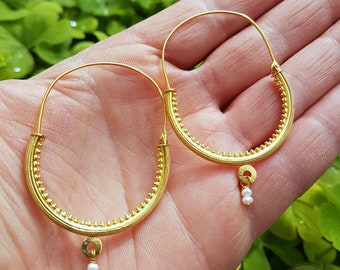 Large 14k Gold Filigree Hoops, Traditional Croatian - Konavle Earrings, White Pearl Dangle Hoops In 14k Gold, Dubrovnik Wedding Jewelry