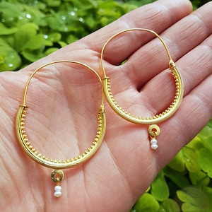 Large 14k Gold Filigree Hoops, Traditional Croatian - Konavle Earrings, White Pearl Dangle Hoops In 14k Gold, Dubrovnik Wedding Jewelry