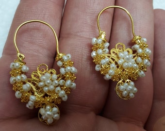 Traditional Croatian Solid Gold Hoop Earrings 14k, Dalmatian Wedding Jewelry - Recine, 14k Gold Filigree Hoops, White Pearl Dangle Hoops