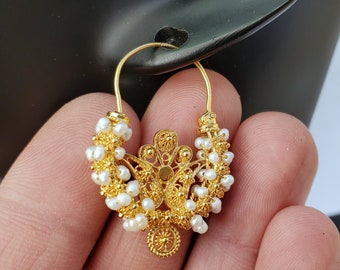 Traditional Croatian Solid Gold Hoop Earrings 14k, Dalmatian Wedding Jewelry - Recine, 14k Gold Filigree Hoops, White Pearl Dangle Hoops