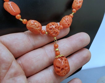 Unique Statement Necklace, Untreated Precious Mediterranean Coral Necklace, Solid 14k Gold Necklace, Orange Coral Necklace, Wedding Necklace