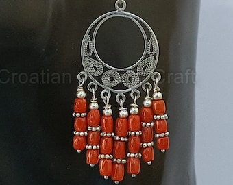 Unique Long Red Coral Earrings, Large Sterling Silver Chandelier Filigree Earrings, Precious Untreated Mediterranean Coral Bridal Earrings