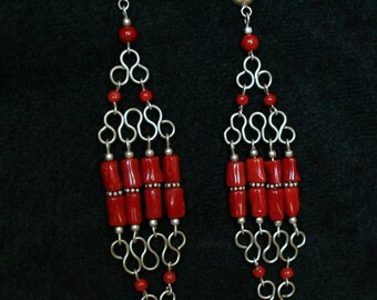 Red Coral Chandelier Earrings, Long Earrings, Undyed Mediterranean Coral Statement Earrings, Unique Artisan Earrings, Silver Bridal Earrings