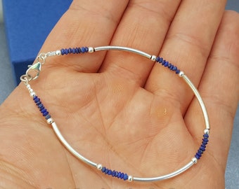 Dainty Tiny Bead Gemstone Bracelet, Dark Blue Stone Bracelet, Lapis Lazuli Bracelet, Minimalist Gemstone Bracelet, Skinny Bracelet