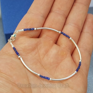 Dainty Tiny Bead Gemstone Bracelet, Dark Blue Stone Bracelet, Lapis Lazuli Bracelet, Minimalist Gemstone Bracelet, Skinny Bracelet