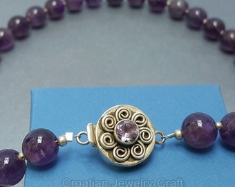 Round Beaded Natural Amethyst Necklace, Decorative Pendant Clasp Solid Sterling Silver Necklace, Purple Stone Necklace, Necklaces For Women