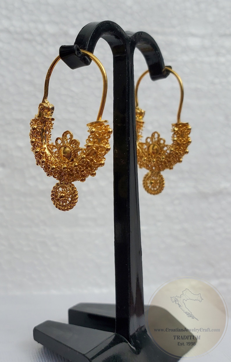 Traditionella kroatiska örhängen i massivt guld 14k, dalmatiska bröllopssmycken - Recine, filigranörhängen i 14k guld, hängande örhängen i 14k guld bild 2