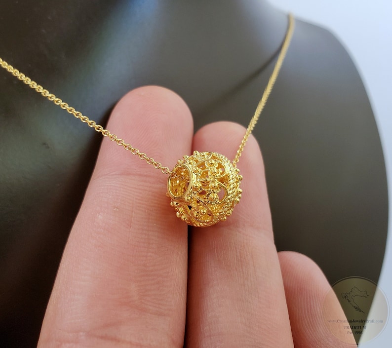 Interlocking Filigree Slider Traditional Croatian Filigree Ball Slider Pendant in 14k Gold ...