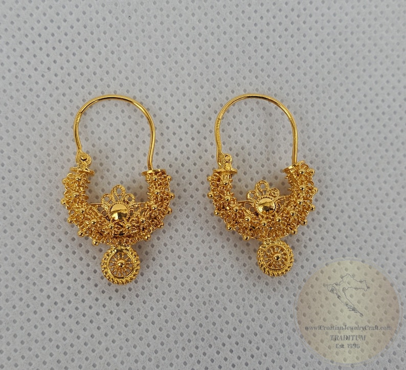 Traditionella kroatiska örhängen i massivt guld 14k, dalmatiska bröllopssmycken - Recine, filigranörhängen i 14k guld, hängande örhängen i 14k guld bild 10