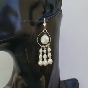Long Dangle White Pearl Earrings, Freshwater Pearl Chandelier Earrings, Solid Sterling Silver Pearl Earrings, Unique Handmade Earrings