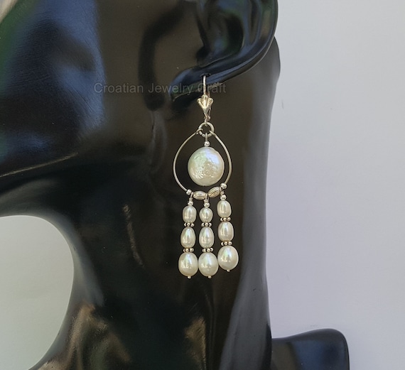 Long Dangle White Pearl Earrings, Freshwater Pearl Chandelier