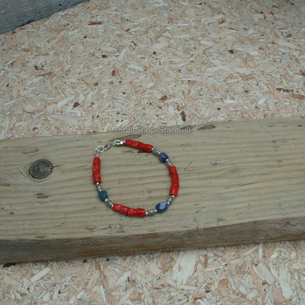 Red Coral Bracelet, Blue Lapis Bracelet, Natural Mediterranean Coral, Solid 925 Silver Bracelet, Blue Stone Bracelet, Statement Bracelet