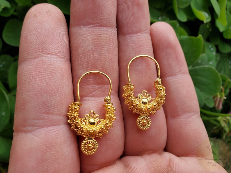 Traditionella kroatiska örhängen i massivt guld 14k, dalmatiska bröllopssmycken - Recine, filigranörhängen i 14k guld, hängande örhängen i 14k guld bild 1