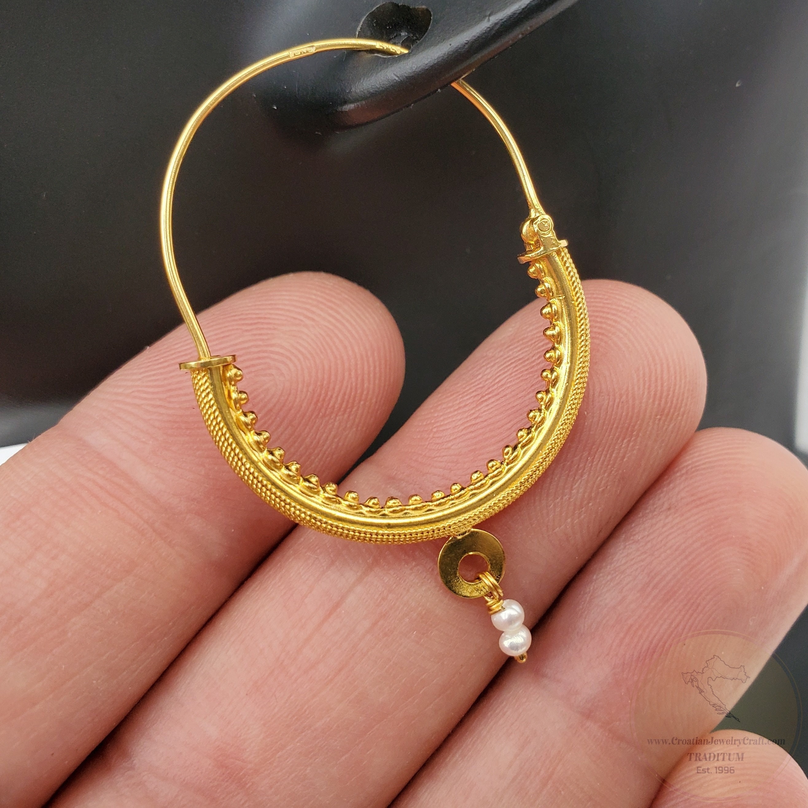 14k Gold Filigree Hoops, Traditional Croatian - Konavle