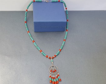 地中海産赤珊瑚ネックレス、天然ターコイズネックレス、ラウンドビーズ