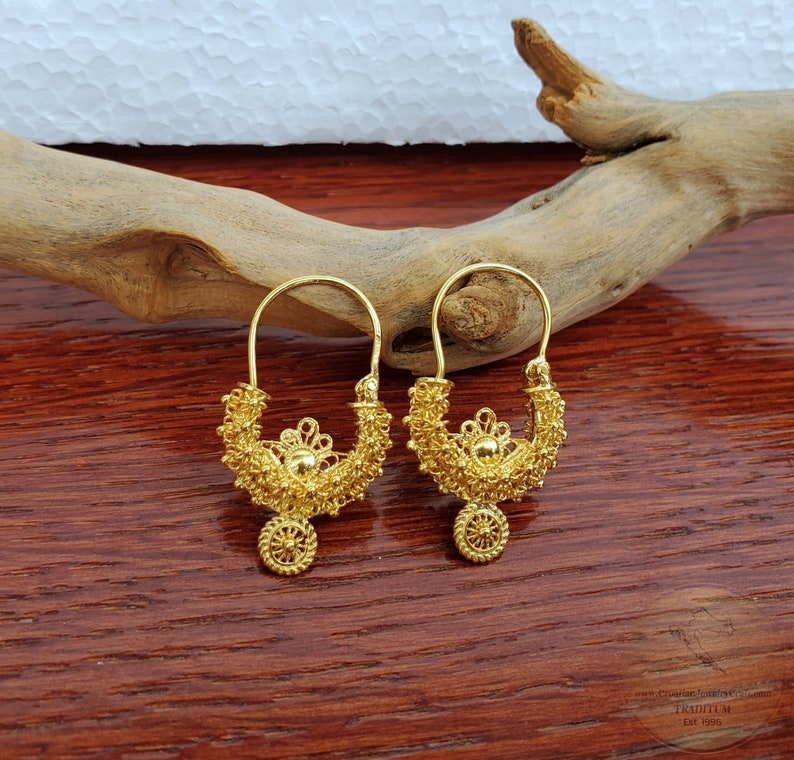 Traditionella kroatiska örhängen i massivt guld 14k, dalmatiska bröllopssmycken - Recine, filigranörhängen i 14k guld, hängande örhängen i 14k guld bild 4
