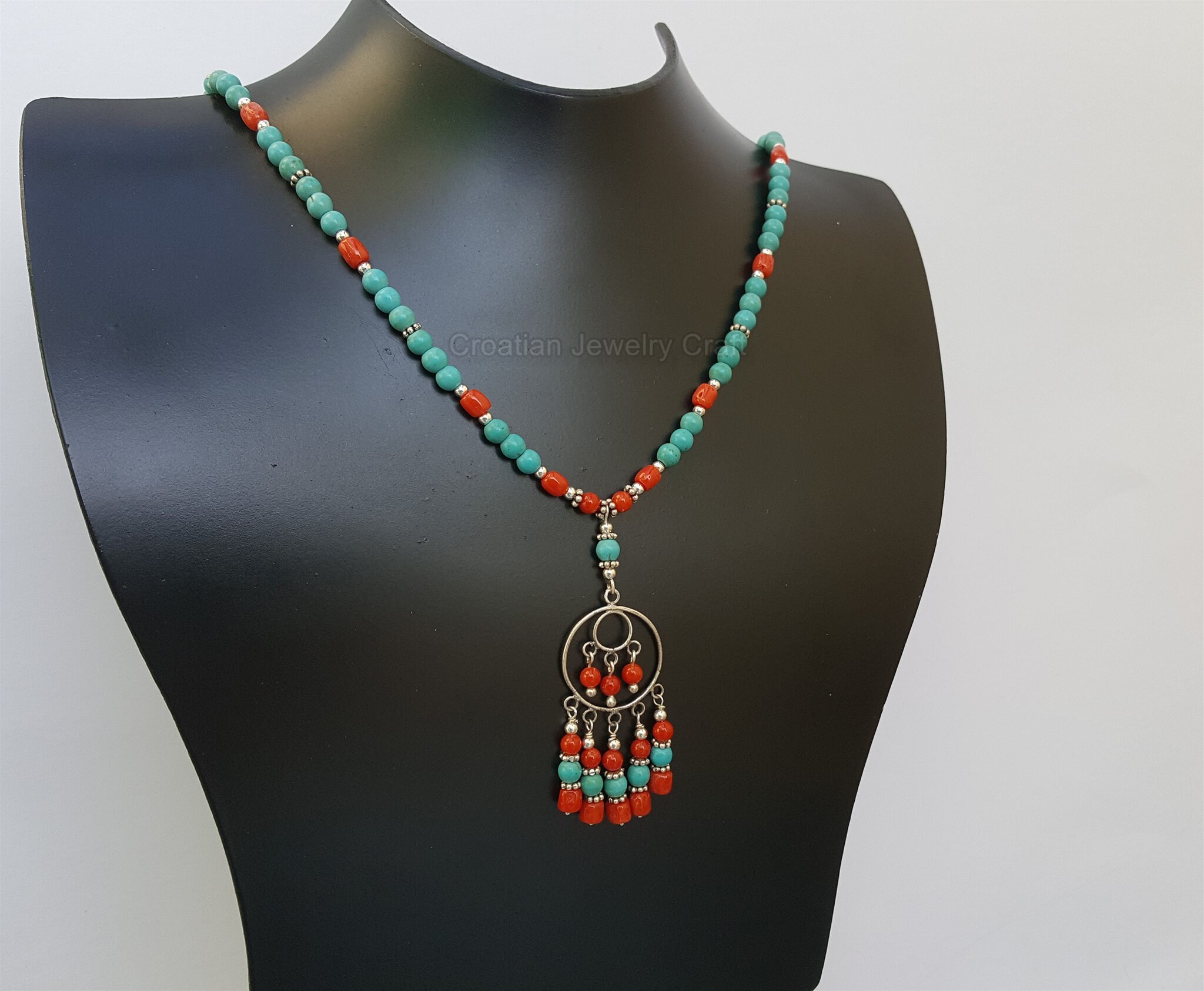 地中海産赤珊瑚ネックレス、天然ターコイズネックレス、ラウンドビーズ
