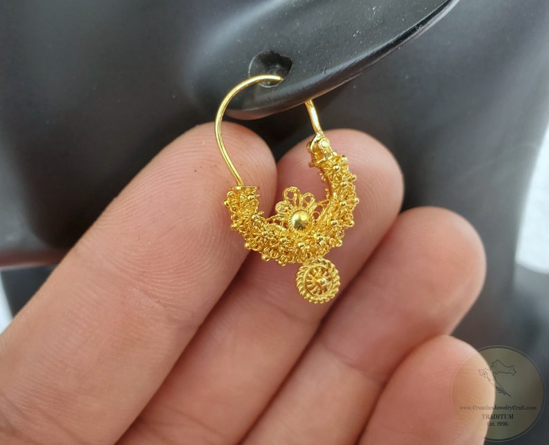 Traditionella kroatiska örhängen i massivt guld 14k, dalmatiska bröllopssmycken - Recine, filigranörhängen i 14k guld, hängande örhängen i 14k guld bild 3
