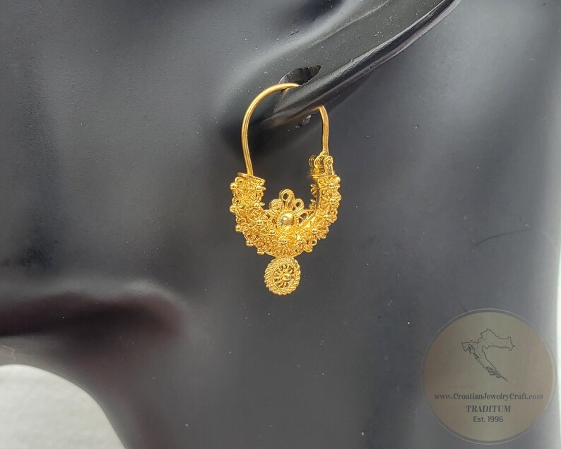 Traditionella kroatiska örhängen i massivt guld 14k, dalmatiska bröllopssmycken - Recine, filigranörhängen i 14k guld, hängande örhängen i 14k guld bild 5