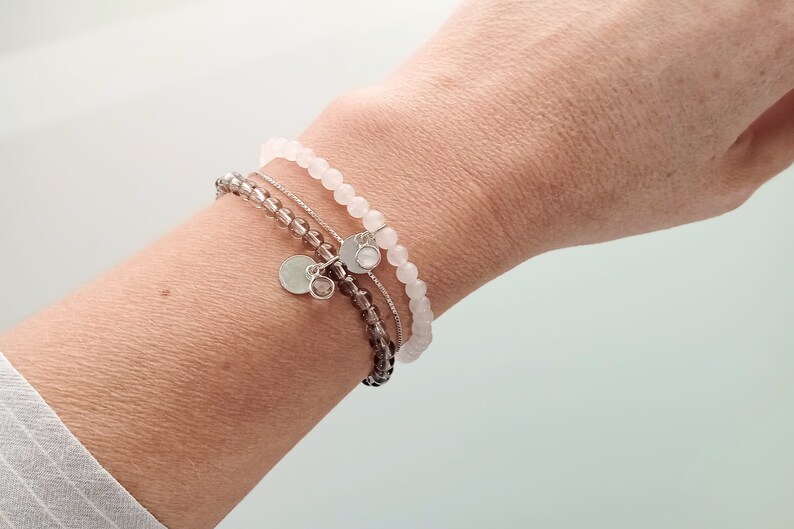Smoky quartz semi-precious stone bracelet with silver pendant and charm image 3