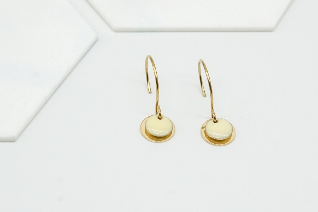 Gold Filled Earrings Dot With Enamel Pendant Ivory Etsy