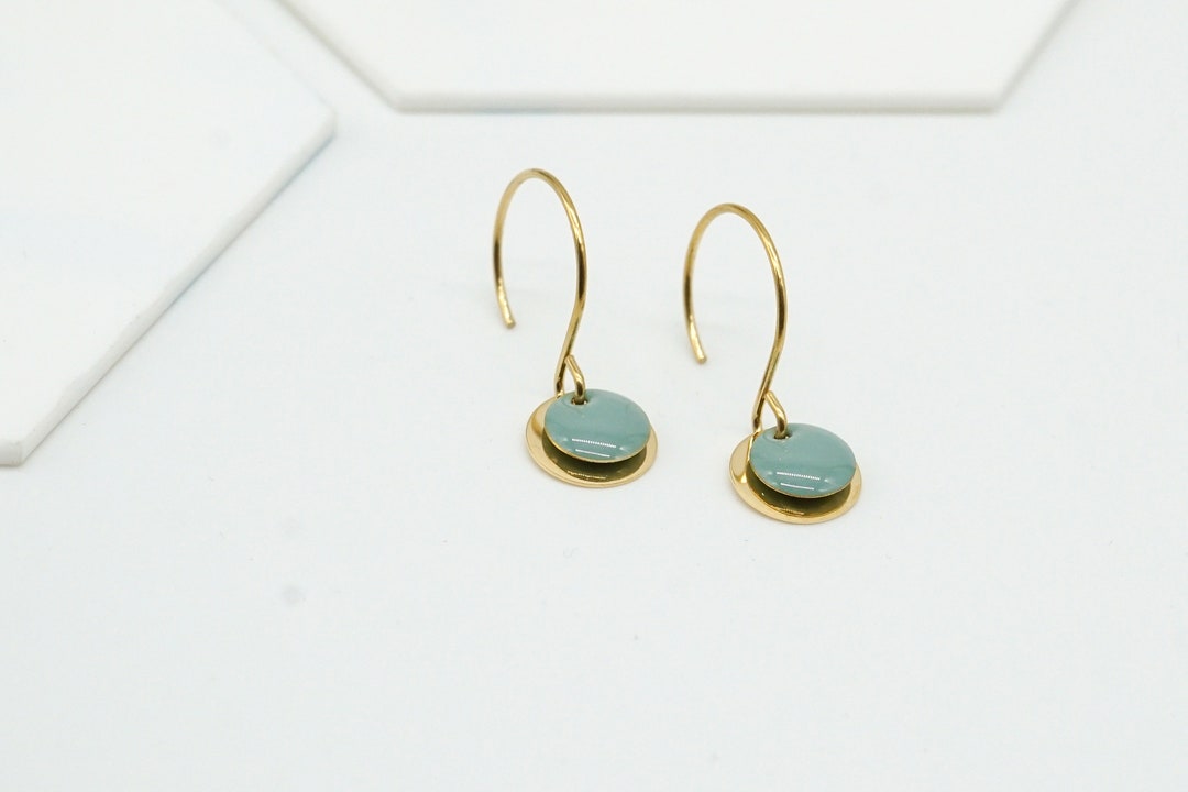 Gold Filled Earrings Dot With Enamel Pendant Sage Etsy
