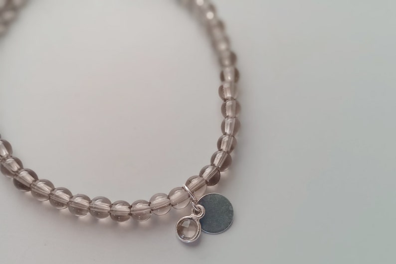 Smoky quartz semi-precious stone bracelet with silver pendant and charm image 2